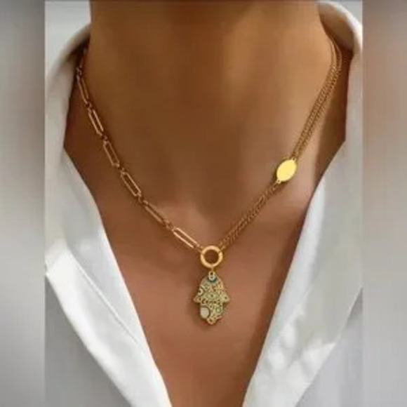 Jewelry - Gold Stainless Steel Hamsa Evil Eye Layered Necklace Mixed Chain Pendant Dainty